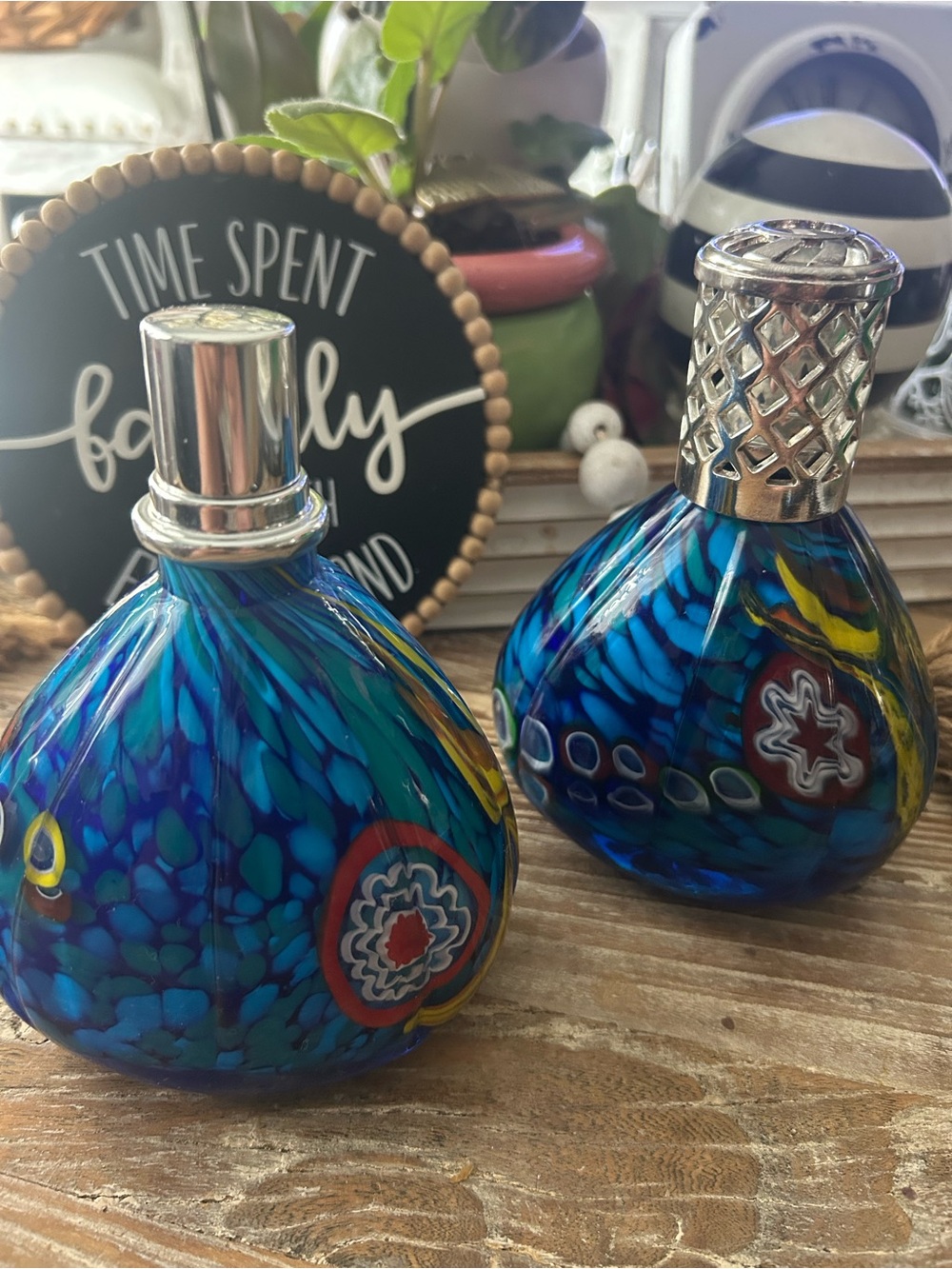 Handblown Blue Millefiori Glass Fragrance Lamps - Pair